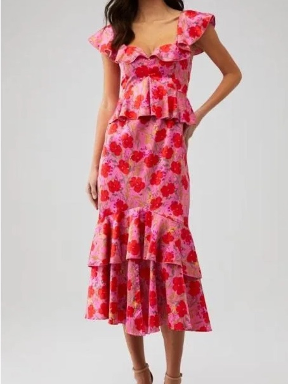 Show me your Mumu Floral Pink Ruffled Midi dress